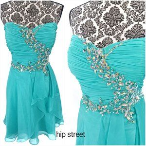 JULIET Strapless Ruched Jewel Cascade Ruffle Lace Up Back Party Dress XXL NWOT